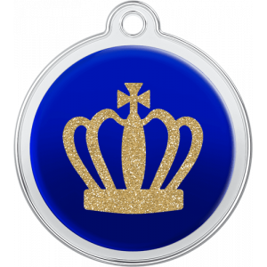 King Crown Design Blue Blue round stainless steel dog tag, 30mm x 33mm, featuring a glittery gold crown design and hole for easy collar attachment.