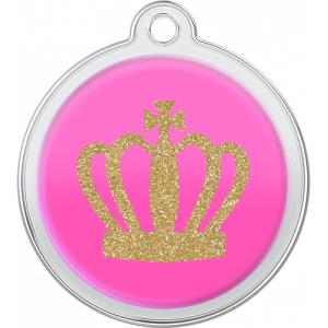 King Crown Design Pink Pink round stainless steel dog tag, 30mm x 33mm, with glittery gold crown design and top hole for secure collar attachment.