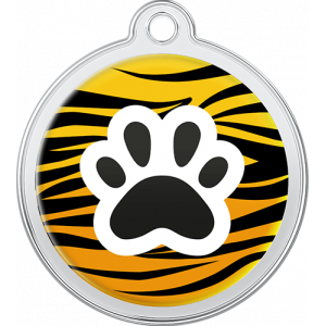 Paw Design Black Tiger Tiger print round stainless steel dog tag, 30mm x 33mm, with black paw print, and top hole for collar attachment.