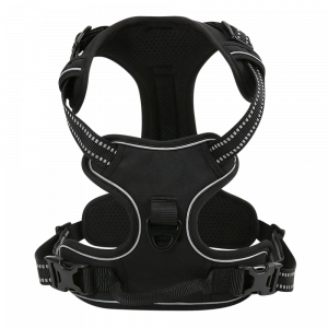 Black no-pull dog harness with padded chest plate, reflective trim, and front D-ring for secure lead attachment.