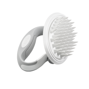 Relaxing Dog Grooming Brush with Handle White dog grooming brush with soft silicone bristles and grey rotating handle, perfect for relaxing and effective grooming.
