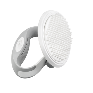 Relaxing Cat Grooming Brush with Handle White cat grooming brush with soft silicone bristles and rotating grey handle, ideal for shedding, tangles, and daily care.