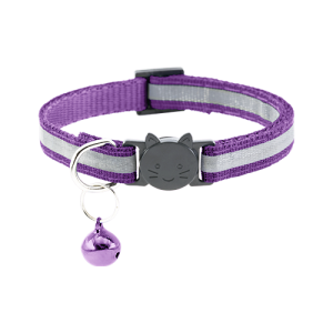 Reflective Breakaway Cat collar Purple reflective cat collar with safety release buckleand bell charm, designed for comfort and ID tag attachment.