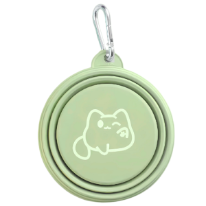 Green collapsible dog bowl with cute cat print, foldable silicone design and carabiner for easy travel and outdoor use.
