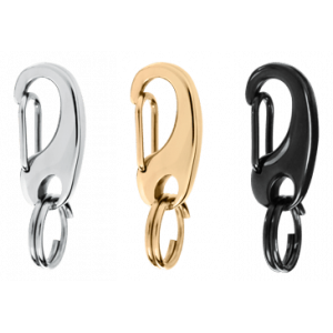Stainless Steel Quick Clip Set of three stainless steel dog tag clips in silver, gold and black, each with a 10mm split ring for easy collar attachment.