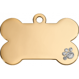 Luxury Bone Gold Dog Tag Luxury gold bone dog tag with crystal paw detail, stainless steel, engraved both sides with name, address and contact info.