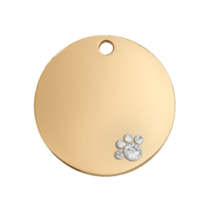 Luxury Round Gold Dog Tag Luxury gold round dog tag with crystal paw detail, stainless steel, engraved both sides with name, address and contact info.